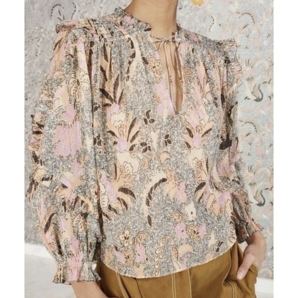 Ulla Johnson Lara Blouse Silk-Blend Ruffle Floral Birds of Paradise Ivory Size 4